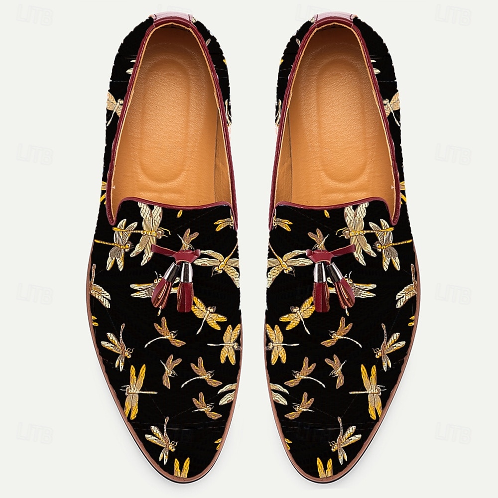 Svarta herrloafers i jacquard med trollsländebroderi, perfekta för kvällssammankomster, bröllop och semiformella tillfällen 2025 - $42.99 –P6
