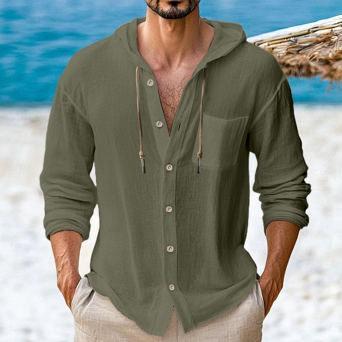 Men's Shirt Linen Shirt Beach Wear Button Up Shirt Hooded Shirt Plain Vacation Casual Black White Green Khaki Long Sleeve Hooded Spring & Summer Clothing Apparel Buttons 2026 - $25.99 –P8