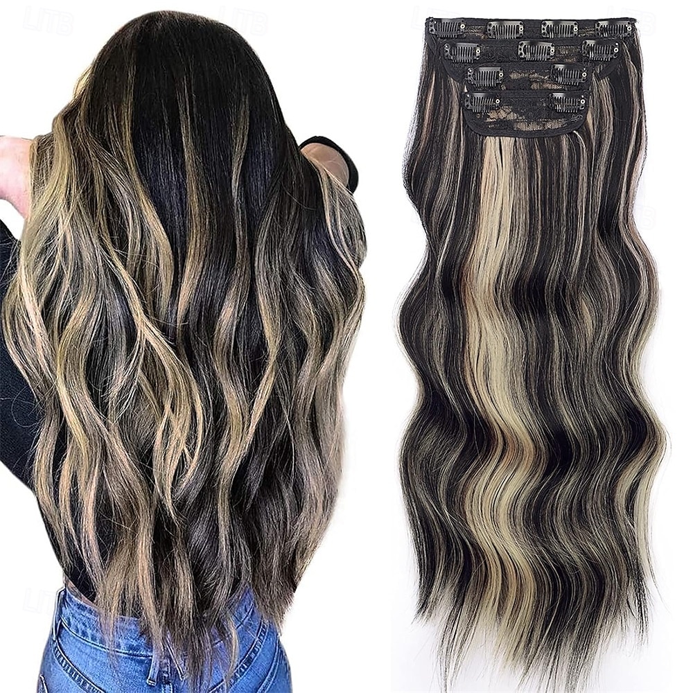Extensions de cheveux à clipser 20 pouces, extensions de cheveux longs blonds mélangés noirs, 4 pièces, postiches synthétiques souples pour femmes de 2025 ? $26.99 –P2