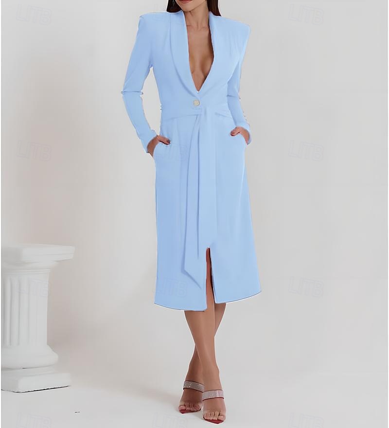 Robe trapèze pour mère de la mariée, robe smoking, élégante, portefeuille, simple, minimaliste, col en V, revers châle, longueur midi, longueur thé, crêpe, tissu extensible, manches longues, couleur de 2025 ? $120.99 –P6