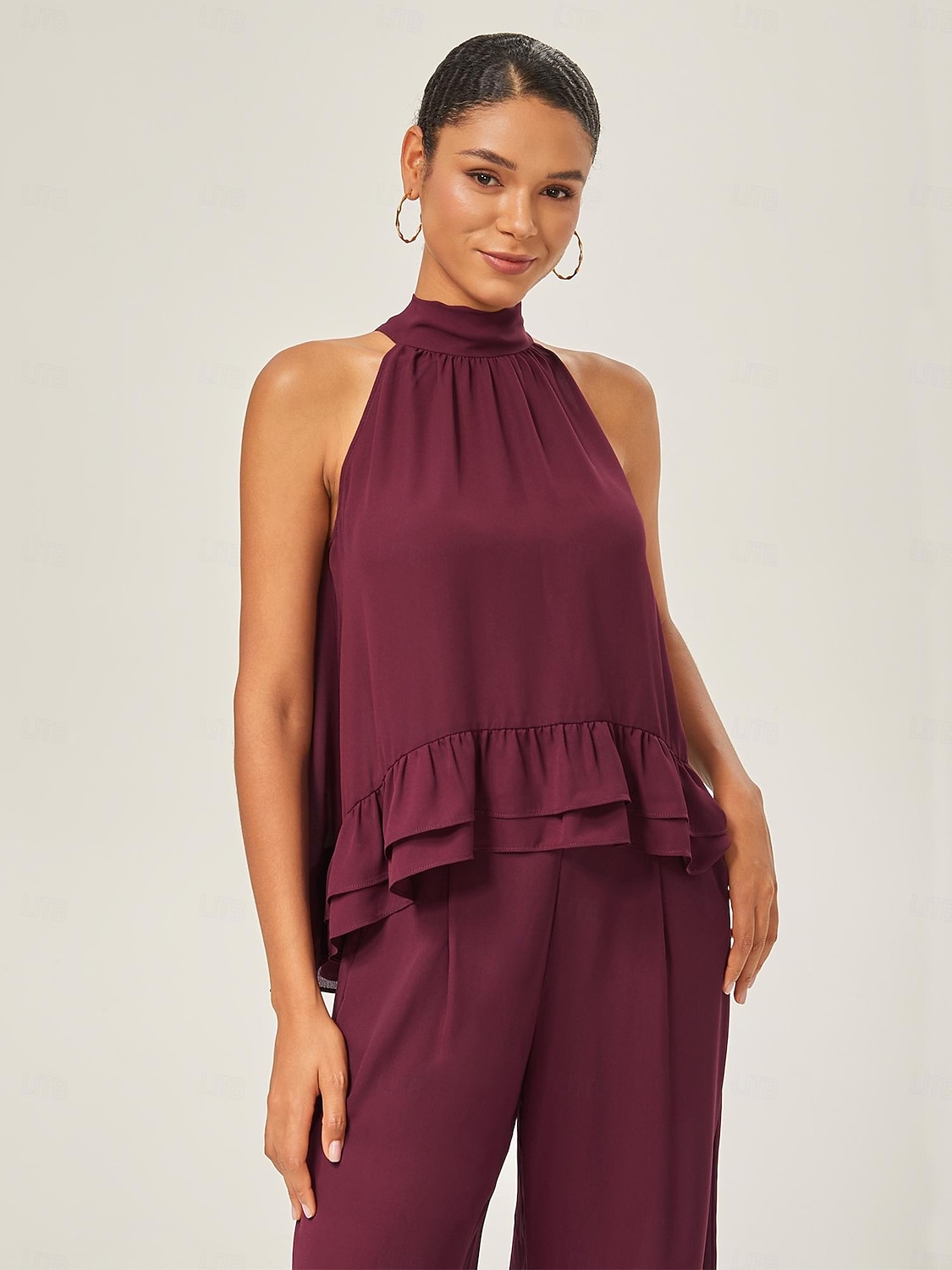 Per donna Da donna All'americana Tinta unita Borgogna Volant Senza Maniche Elegante Quotidiano All'americana Estate del 2025 a $52.99 –P1