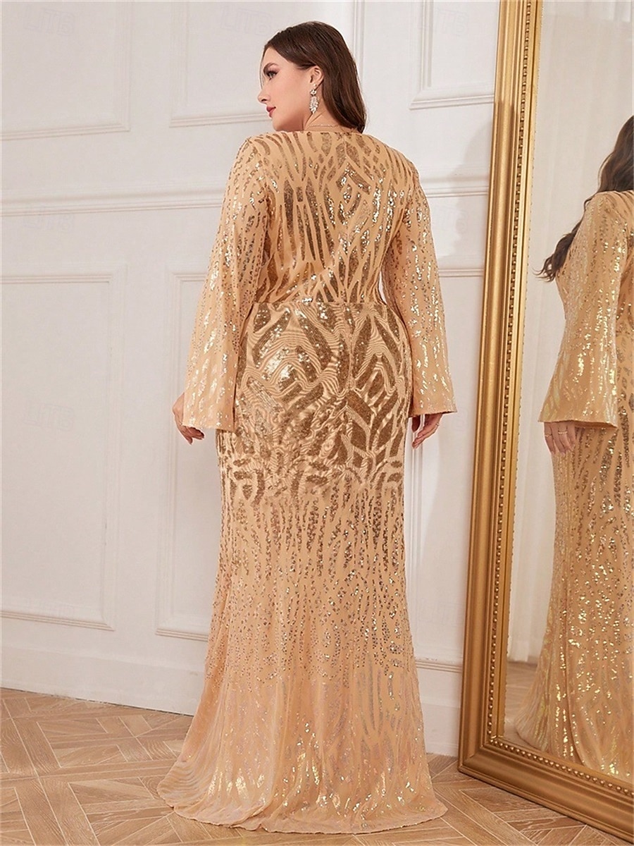 Mermaid / Trumpet Plus Size Dresses Elegant Curve Dress Formal Wedding Floor Length Long Sleeve V Neck Polyester with Sequin 2025 - $119.99 –P11
