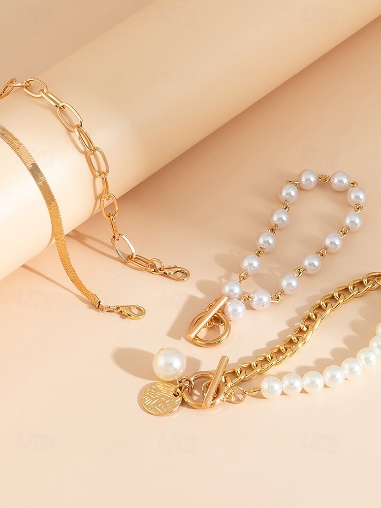 2026年 レディースゴールドチェーンとパールブレスレットセット、ファッショントグルクラスプジュエリー、女の子と女性のためのエレガントなレイヤードスタイル、パーティー、結婚式、オフィス、普段使いに最適  コレクション – $11.99 –P2