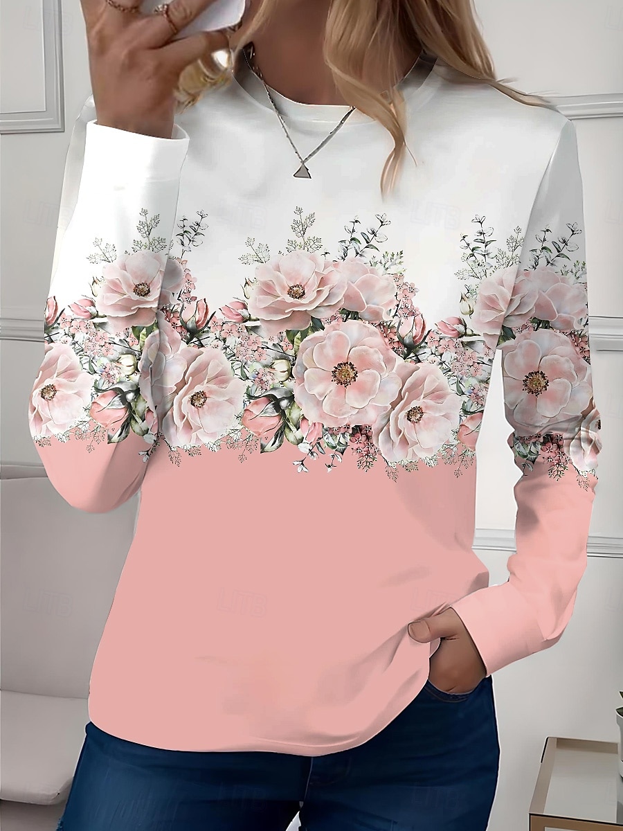 Dame T skjorte Blomstret Grafisk Elegant Årgang Mote Langermet Crew-hals Vanlige topper Daglig Helg Trykt mønster Perle Rosa Blå Brun Sommer 2025 - $22.99 –P1