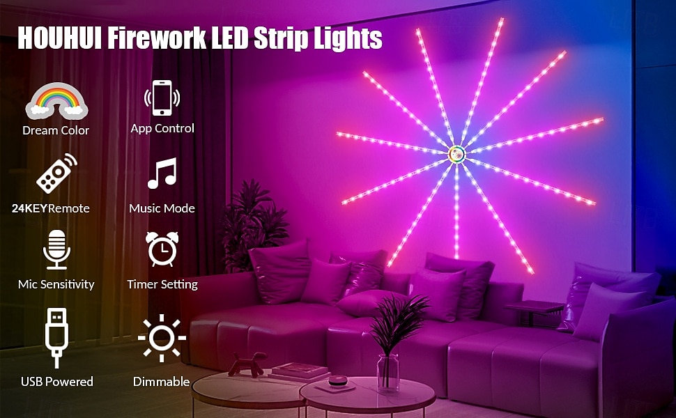 Luzes LED de Fogos de Artifício Inteligentes USB Decorativas para Quarto Luzes LED que Mudam de Cor com Efeito de Explosão Controle Remoto do App da Tira RGB para Halloween de 2025 por $17.49 –P2