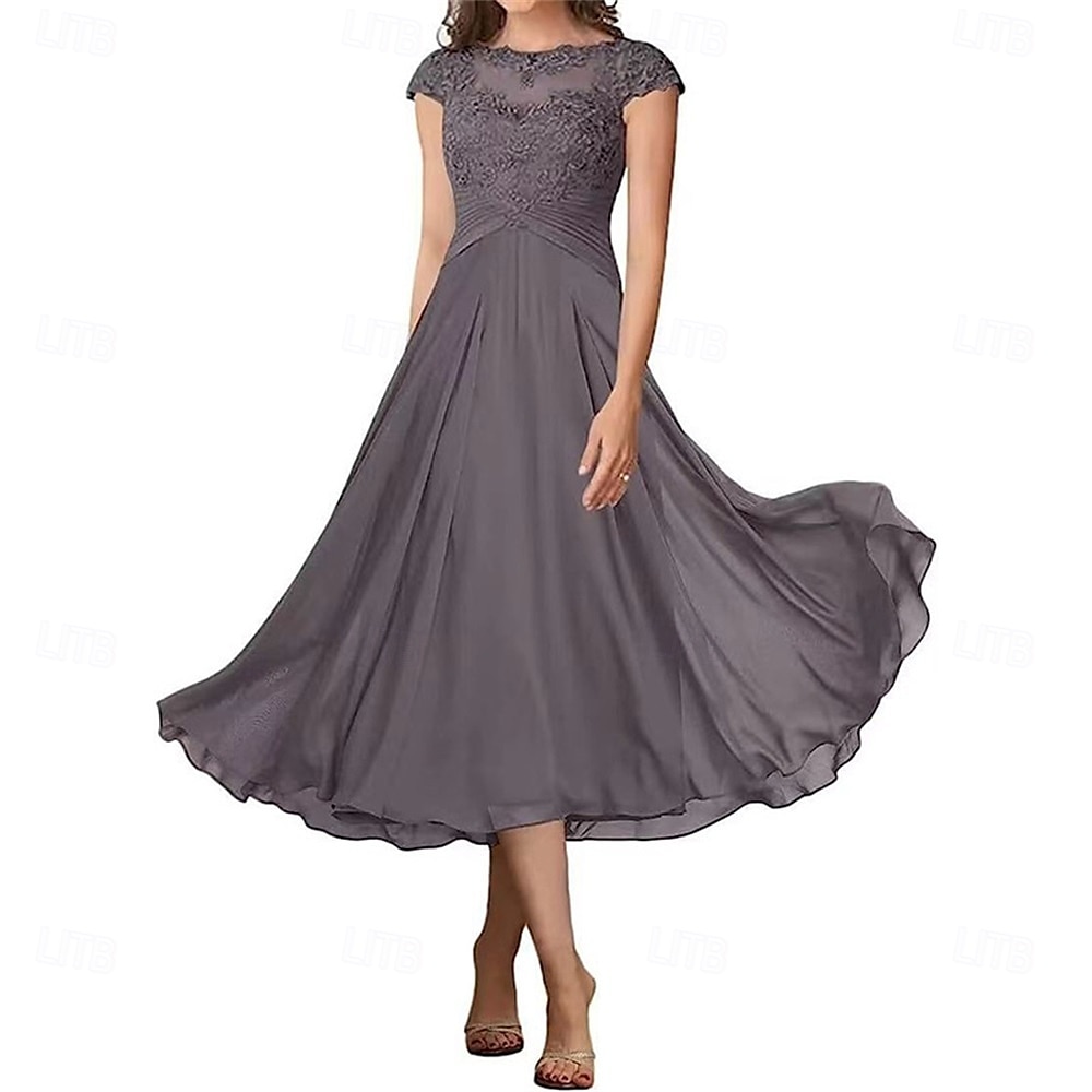 A-Linie Brautmutterkleid Elegant Einfach Rundhalsausschnitt Knöchellänge Chiffon Kurzarm mit Falten Einfarbig 2025 2025 - $119.99 –P16