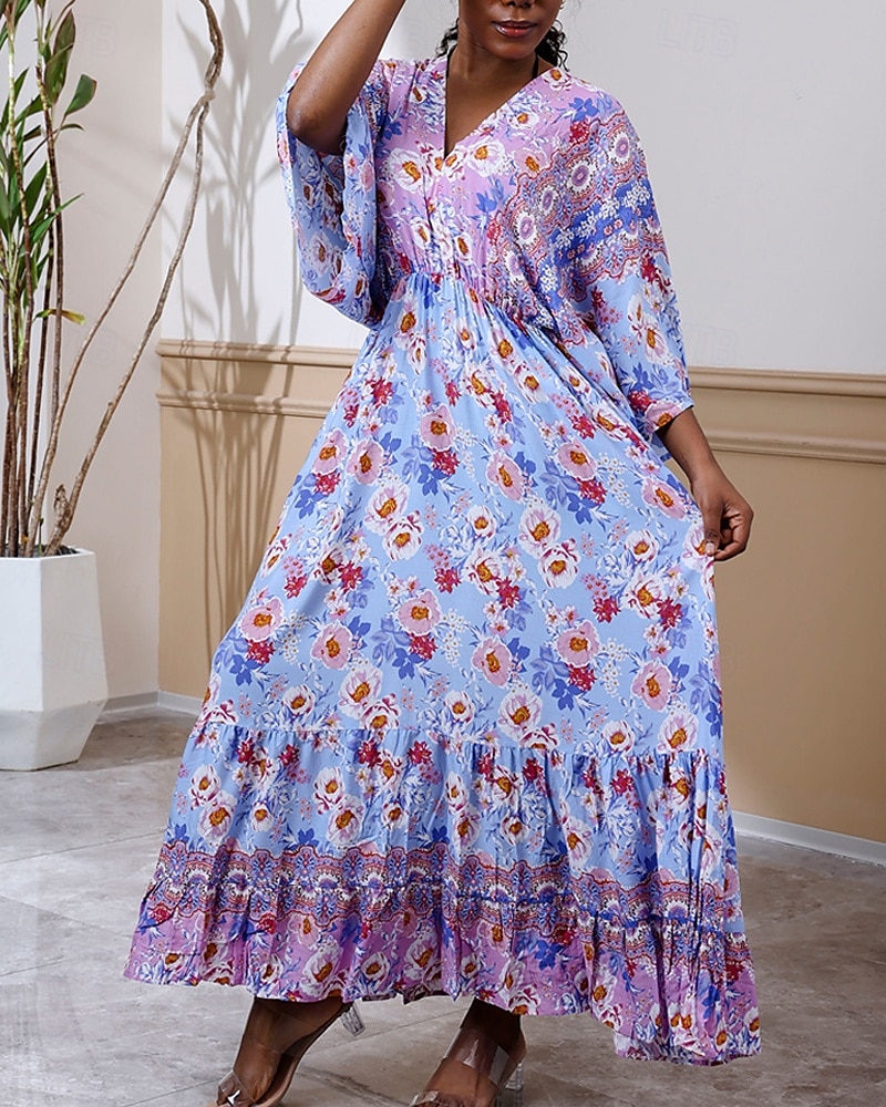 Damen Langes Kleid Maxikleid Freizeitkleid Schwingkleid Boho-Kleid Westernkleid Elegant Mode Romantisch Outdoor Urlaub Party Normale Passform Blume Langarm V Ausschnitt Blau Frühling Herbst 2025 - $26.99 –P3