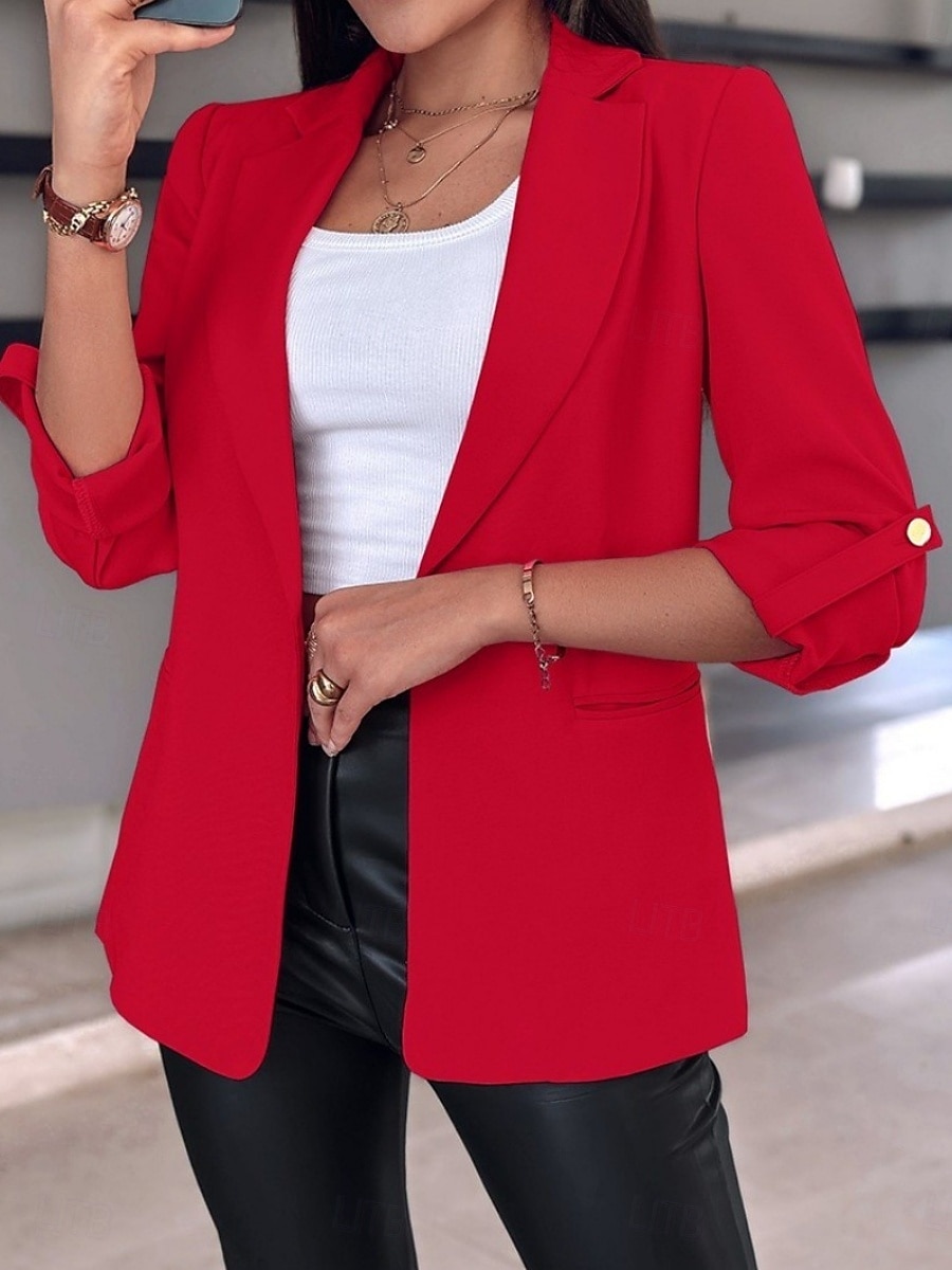 Women's Blazer Breathable Comfortable Pocket Casual Plain Office Street Casual Daily Wear Open Front Regular Turndown Regular Fit Long Sleeve Outerwear Black White Pink Summer 2025 - $23.99 –P6
