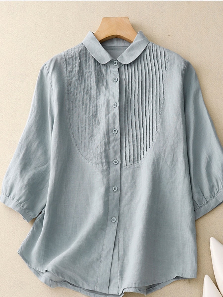 Per donna Camicie di cotone e lino Tinta unica Elegante Essenziale Casual Manica 3/4 Colletto a Camicia Top Regolari Quotidiano Bottoni Bianco Rosa Azzurro Estate del 2025 a $34.99 –P5