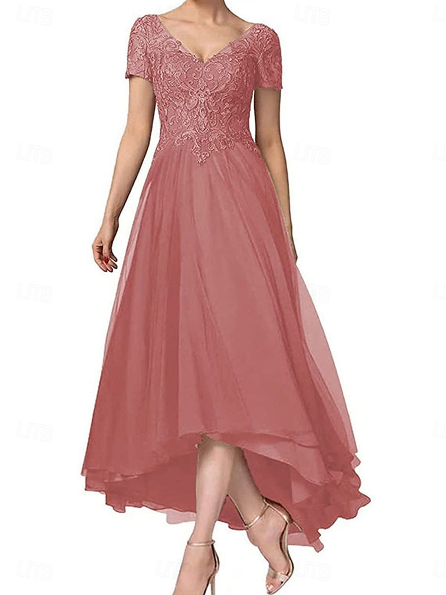 A-line šaty pro matku nevěsty elegantní V výstřih asymetrický chiffon krátký rukáv s jednobarevným provedením 2025 - $119.99 –P1