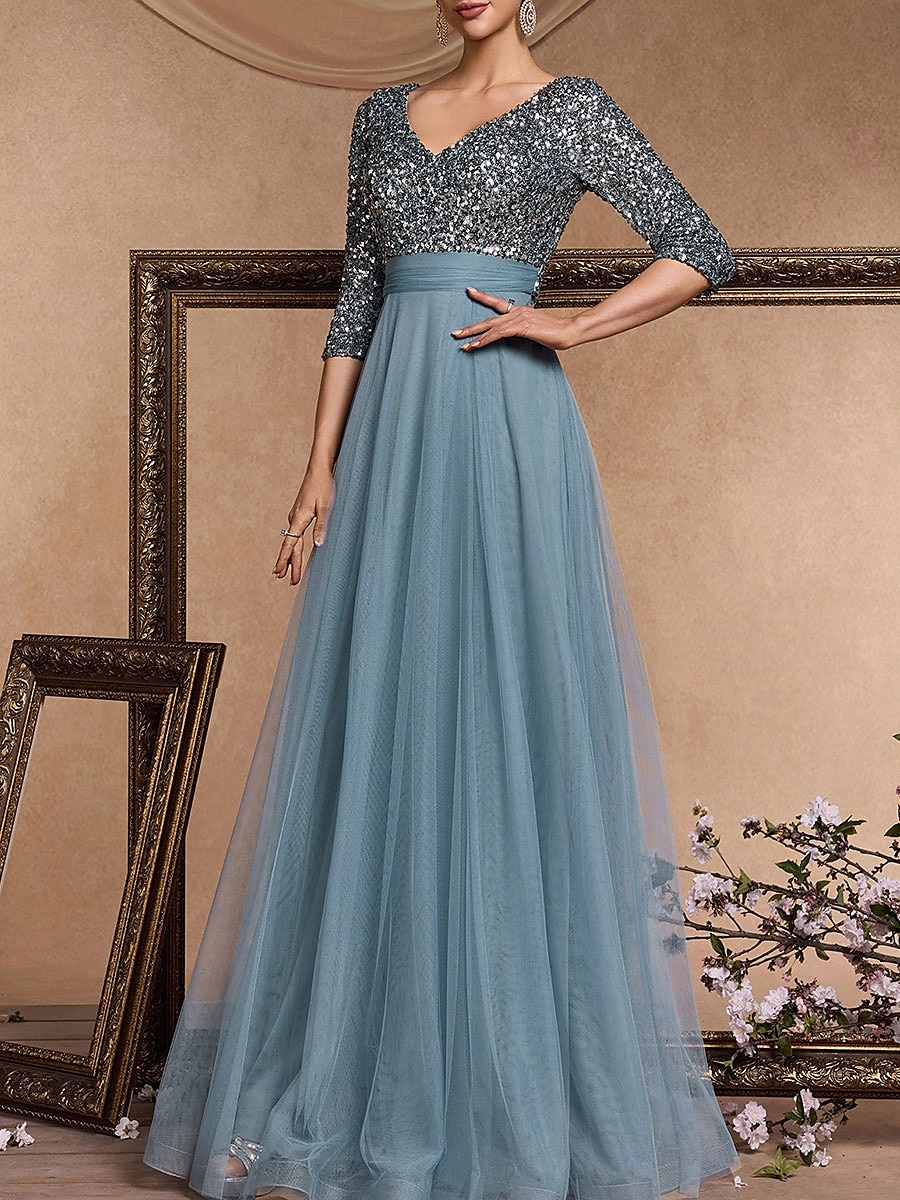Vestido de Gala em A Vestido Elegante Formal Casamento Comprimento do Chão Manga 3/4 Decote em V Com Lantejoulas com Lantejoulas de 2025 por $119.99 –P6