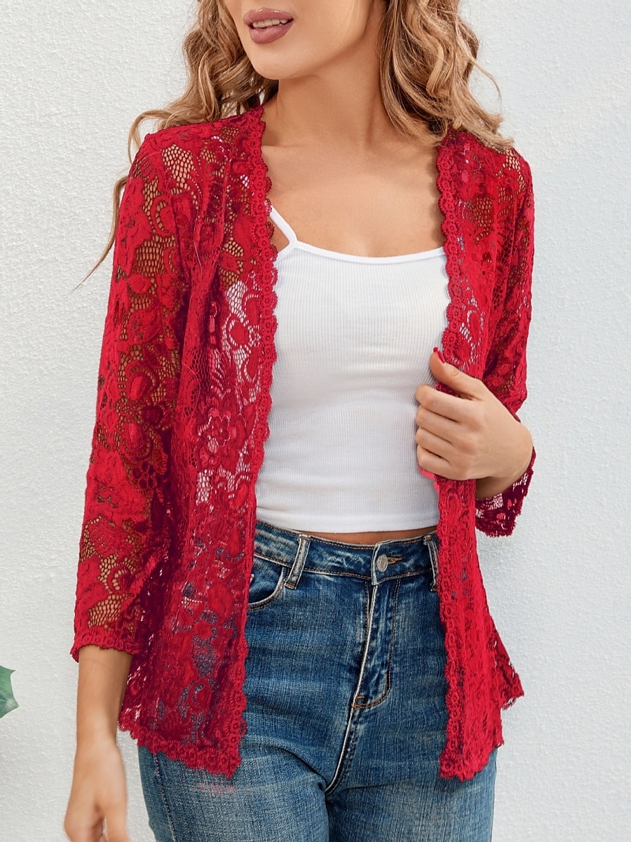 Per donna Camicia di Pizzo Tinta unica Elegante Essenziale Casual Manica Lunga Scollo a V Top Regolari Quotidiano Pizzo Patchwork Nero Bianco Rosso Grigio Estate Primavera del 2025 a $23.99 –P4