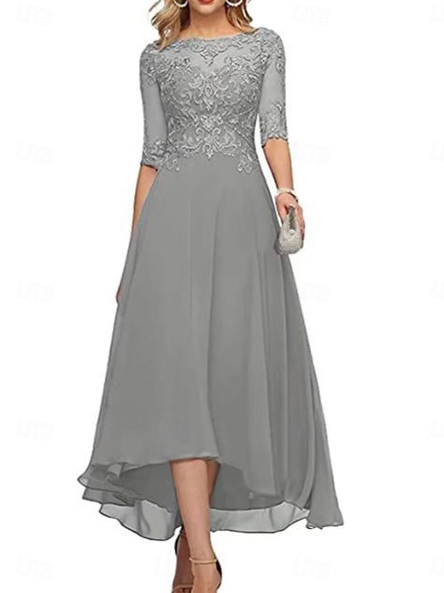 A-Line Mother of the Bride Dress Elegant Crew Neck Floor Length Chiffon Half Sleeve with Solid Color 2025 2025 - $119.99 –P23