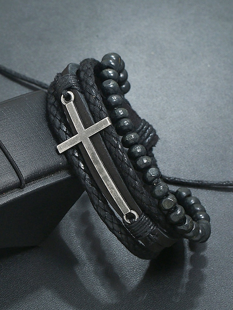 Gothic-Kreuz-Lederperlenarmband für Herren – mehrlagiges Vintage-Armband für Halloween-Partys und Retro-Punk-Stil 2025 - $9.99 –P2