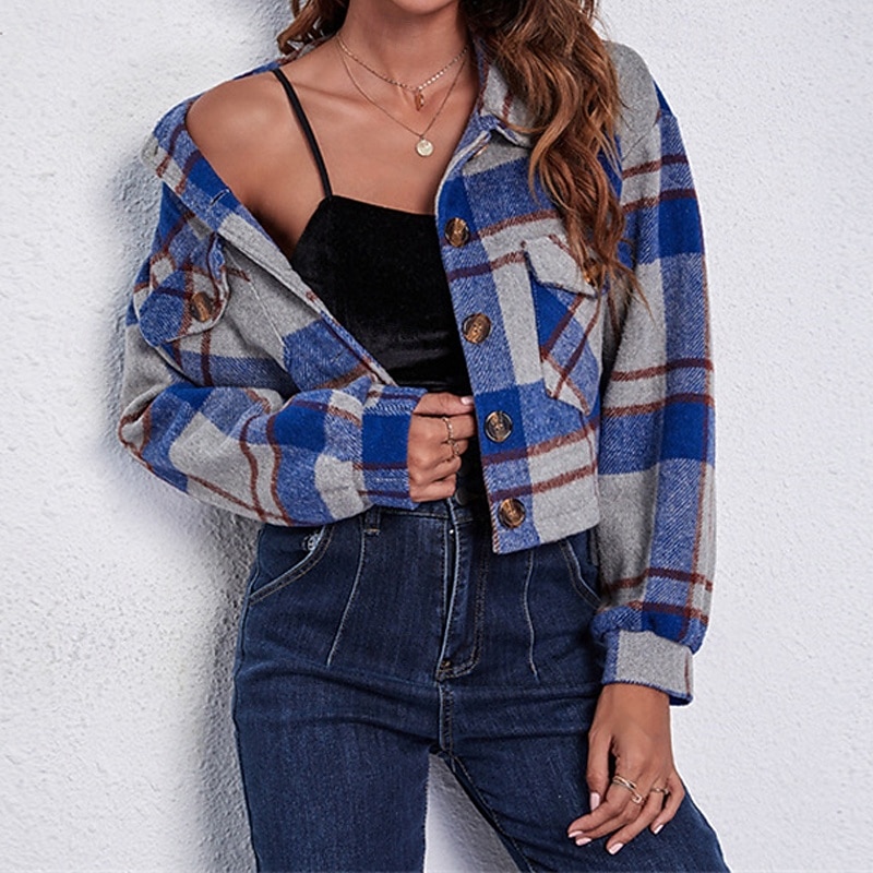 Damen Hemdjacke Warm Bequem Tasche Mode Outdoor Karomuster Ausgehen Wochenende Kurz Umlegekragen Normale Passform Langarm Oberbekleidung Grau Herbst Winter 2025 - $26.99 –P1