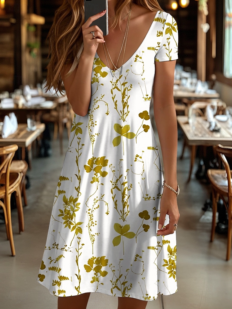 Pentru femei Rochii Midi Rochii Tricou Rochie de Vară Rochie A line Vacanță Casual Stiluri de Plajă Plajă Fit regulat Floral Grafic Manșon scurt În V Negru și Alb Galben Roșu-aprins Albastru piscină 2025 - $23.99 –P7
