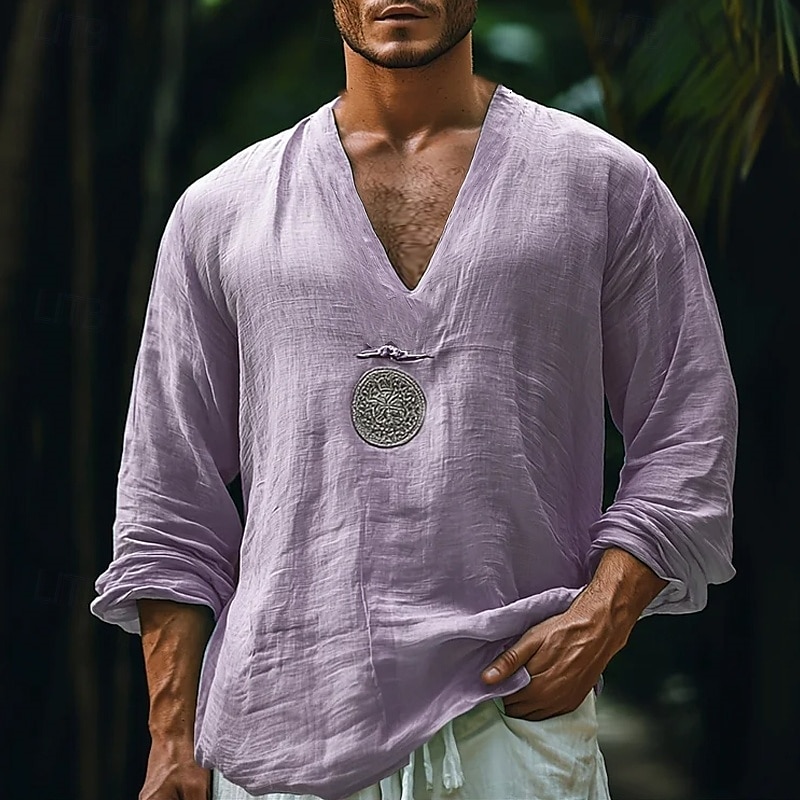 Herren Hemd Leinenhemd Popover-Hemd Sommerhemd Strandbekleidung Ethno-Hemd Einfach Urlaub Straße Purpur Langarm V Ausschnitt Sommer Frühling Bekleidung 2025 - $23.99 –P1