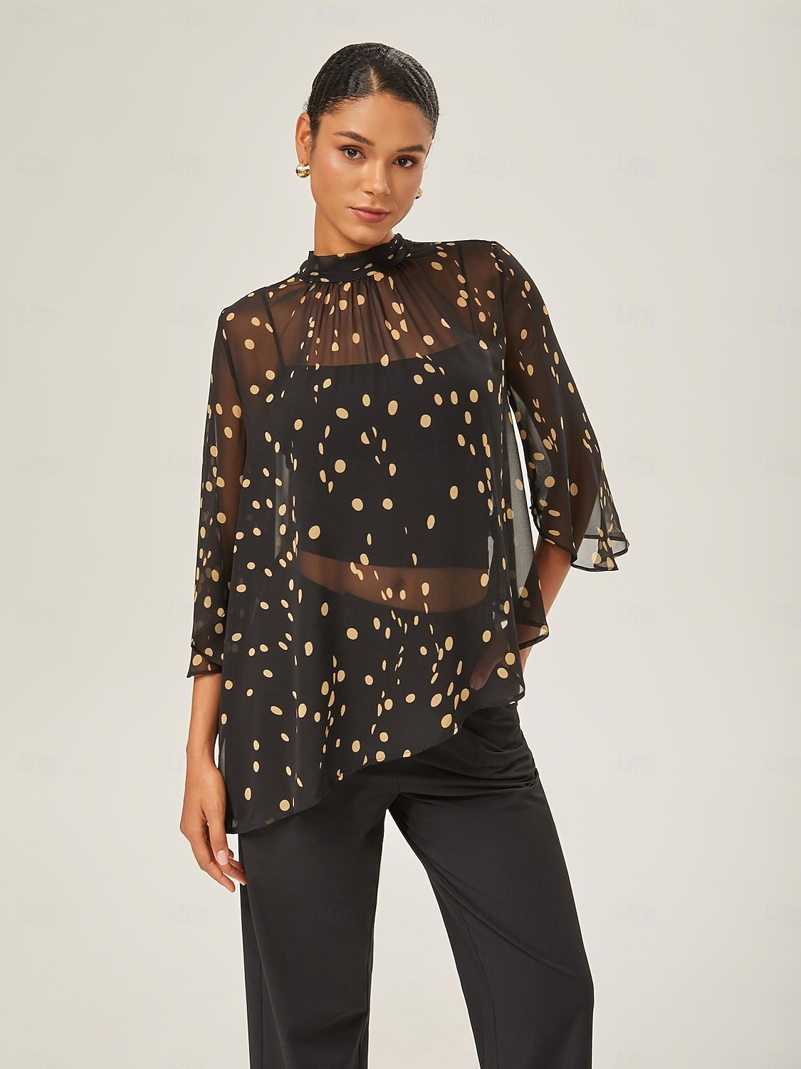 Per donna Femminile Camicia casual A Pois Casuale Manica del polsino svasato Nero annodata Elegante Bohemien Vacanza Collo Alto Estate Primavera Autunno del 2025 a $52.99 –P1