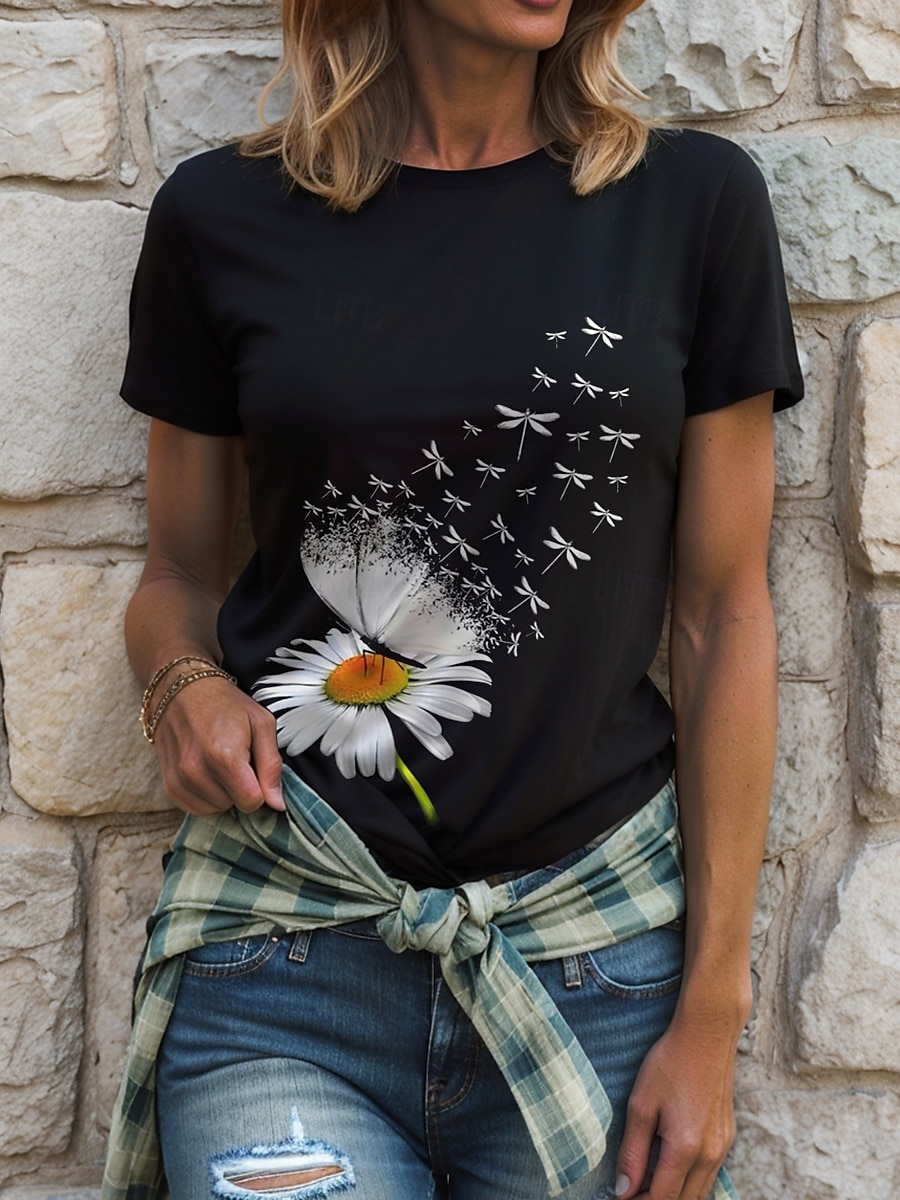 Femmes T-shirt Fleuri Graphique Papillon Occasionnel Manche Courte Col ras du cou Col rond Hauts Réguliers Quotidien Sortir Week-end Imprimé Noir Été de 2025 ? $19.99 –P1
