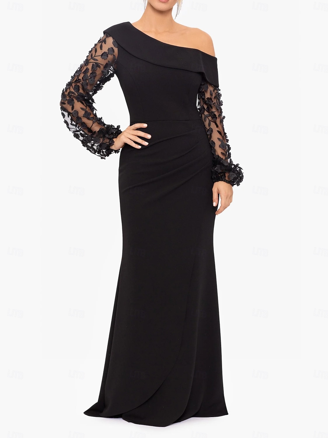 Sirène / Trompette Robe de Soirée Élégant Robe Formel Mariage Longueur au sol manche longue Une Épaule Détachable Crêpe Extensible avec Perlage 2025 de 2025 ? $147.99 –P4