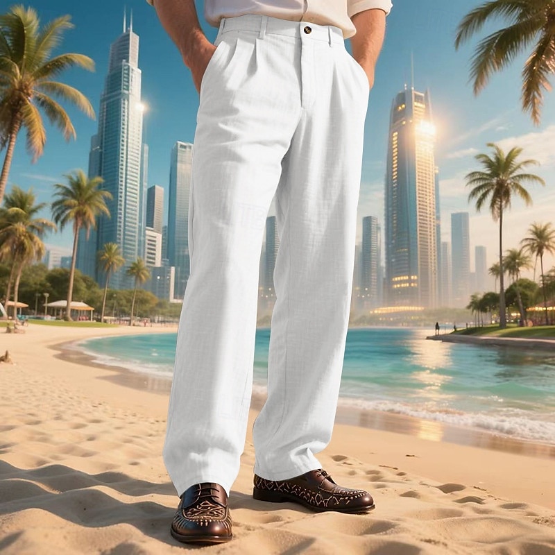 Men's Linen Pants Trousers Summer Pants Beach Pants Pocket Straight Leg Plain Comfort Breathable Vacation Daily Holiday Hawaiian Boho Black White 2025 - $25.99 –P10