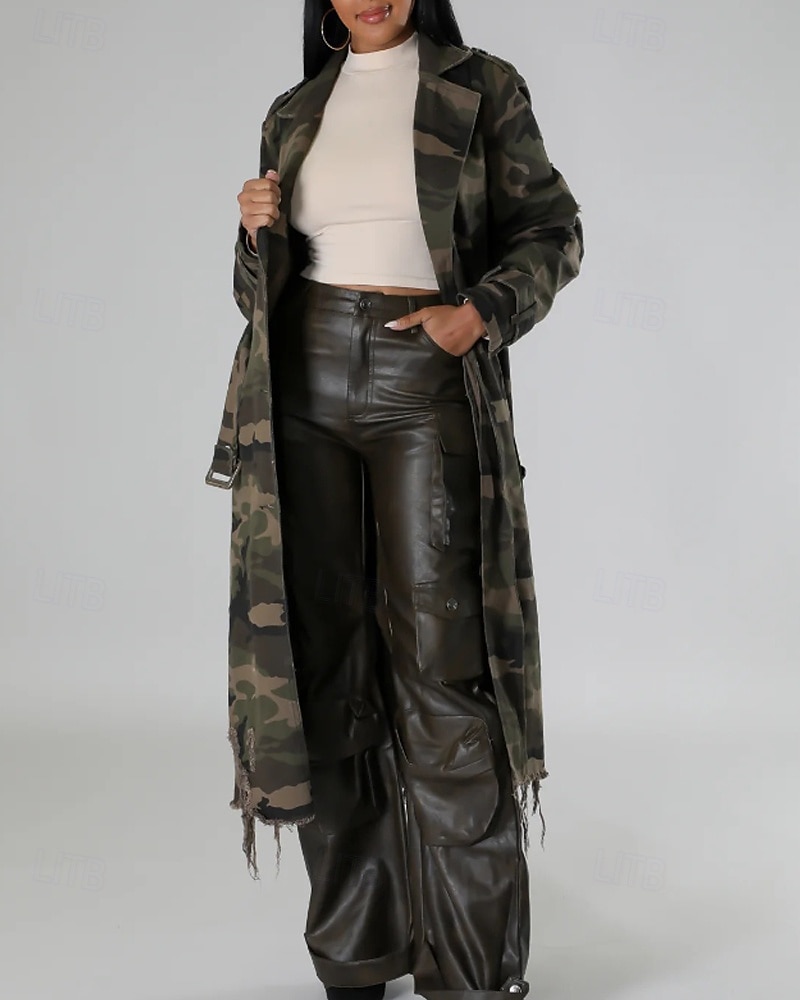 Damen Trenchcoat Bequem Knöpfe Tasche Modern Streetstyle Tarnung Outdoor Ausgehen Einreihig Lang Umlegekragen Normale Passform Langarm Oberbekleidung Hellgrün Dunkelgrün Herbst Winter 2025 - $46.99 –P14