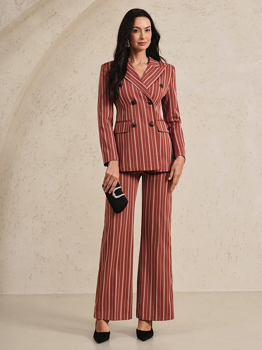 Blazer à rayures pantalons Deux pièces Mère de la Mariée Pantalon Classique Vintage Simple Col V Col Cranté Longueur de Sol Manches Longues avec Poches à Rabat de 2025 ? $129.99 –P1