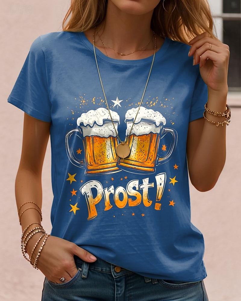 Fête d'Octobre Femmes T-shirt Graphique Lettre ancien Élégant Classique Manche Courte Col ras du cou Hauts Réguliers Quotidien Week-end Imprimé Noir Bleu Violet Vert Été Printemps de 2025 ? $19.99 –P2