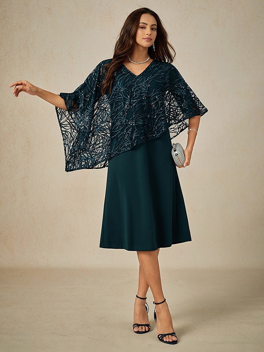 A-Linie Brautmutterkleid Elegant V Ausschnitt Knielang Spitze Halbarm mit Spitze Einfarbig 2025 2025 - $99.99 –P1