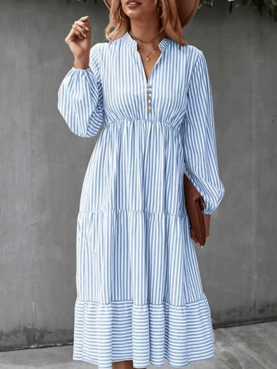 Pentru femei Rochii Midi Rochie A line Casual Zilnic Potrivire Largă Dungi Manșon Lung În V Negru Albastru piscină Trifoi Primăvară Toamnă 2025 - $39.99 –P2