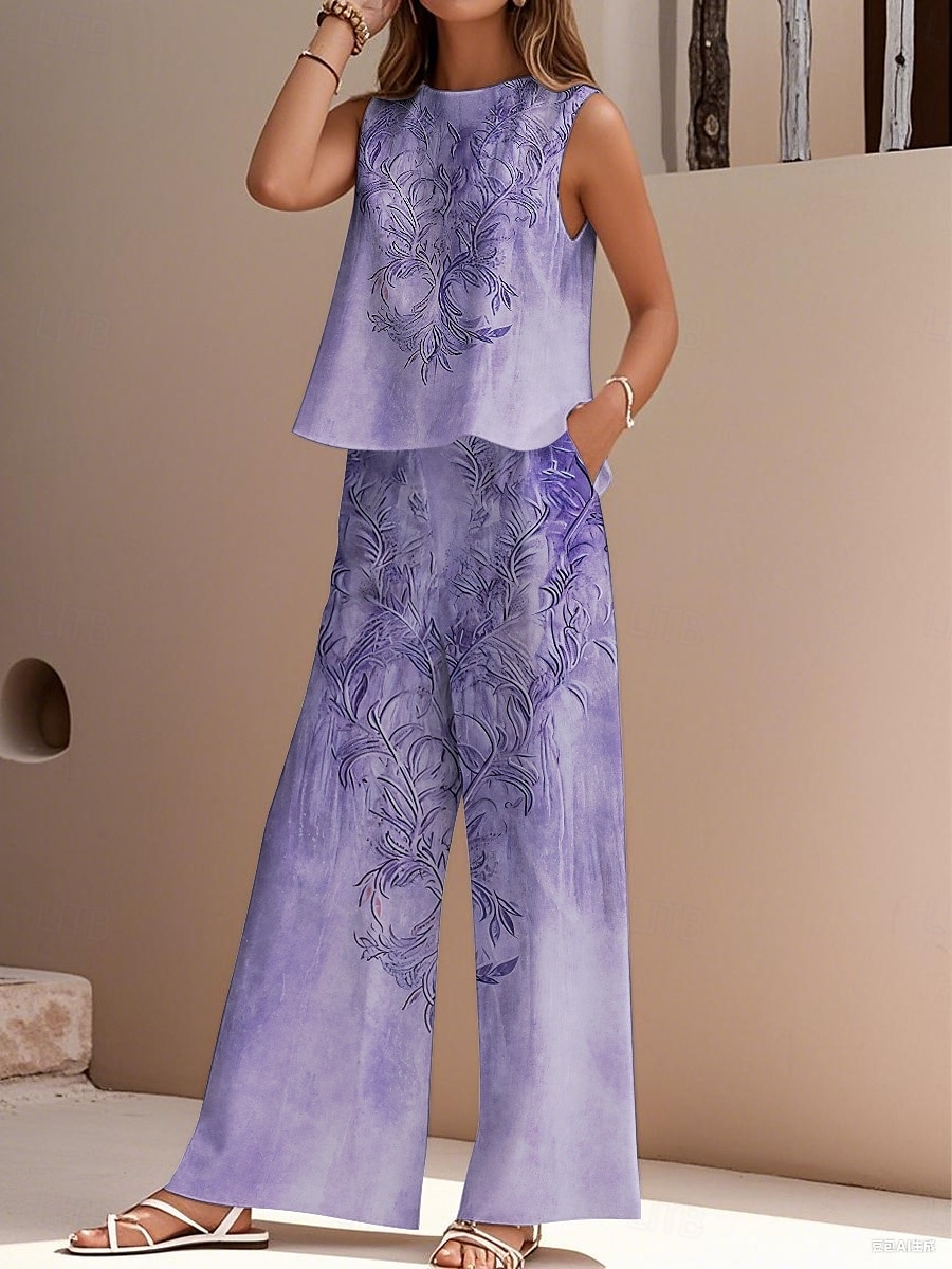 Dámské elegantní módní streetwear dvoudílné sety halenka vesta kalhoty kalhoty bez rukávů kulatý výstřih outdoor do práce ležérní květinový potisk dovolená denní sváteční modrá fialová šedá léto regular fit 2025 - $36.99 –P2