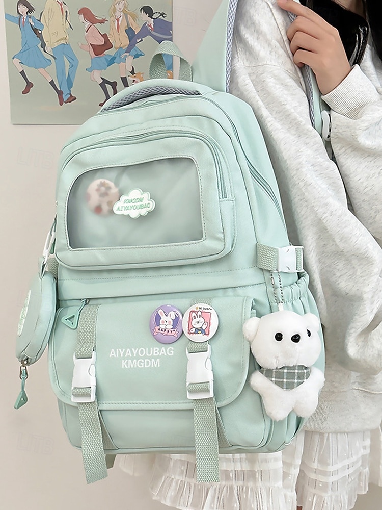dziewczęcy plecak szkolny w kolorze makaroników - wodoodporny, o dużej pojemności, z ozdobnymi szpilkami, brelokiem w kształcie pluszowego misia i wieloma kieszeniami, odpowiedni dla nastoletnich uczennic i do codziennego użytku na uczelni 2026 - $34.99 –P2