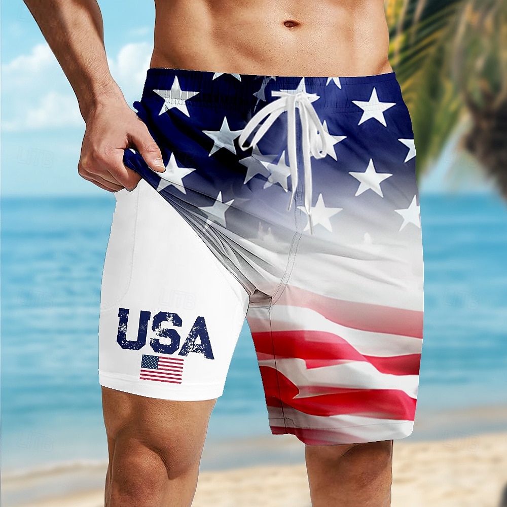2025年 アメリカ独立記念日 男性用 愛国 米国旗 7月4日 裏地付きショートパンツ 2 in 1 スイムショーツ スイムトランク ミディアムウエスト 祝日 サイドポケット コンプレッションライナー付き 伸縮性のあるドローストリングウエスト デザイナー 衣類  コレクション – $21.99 –P1