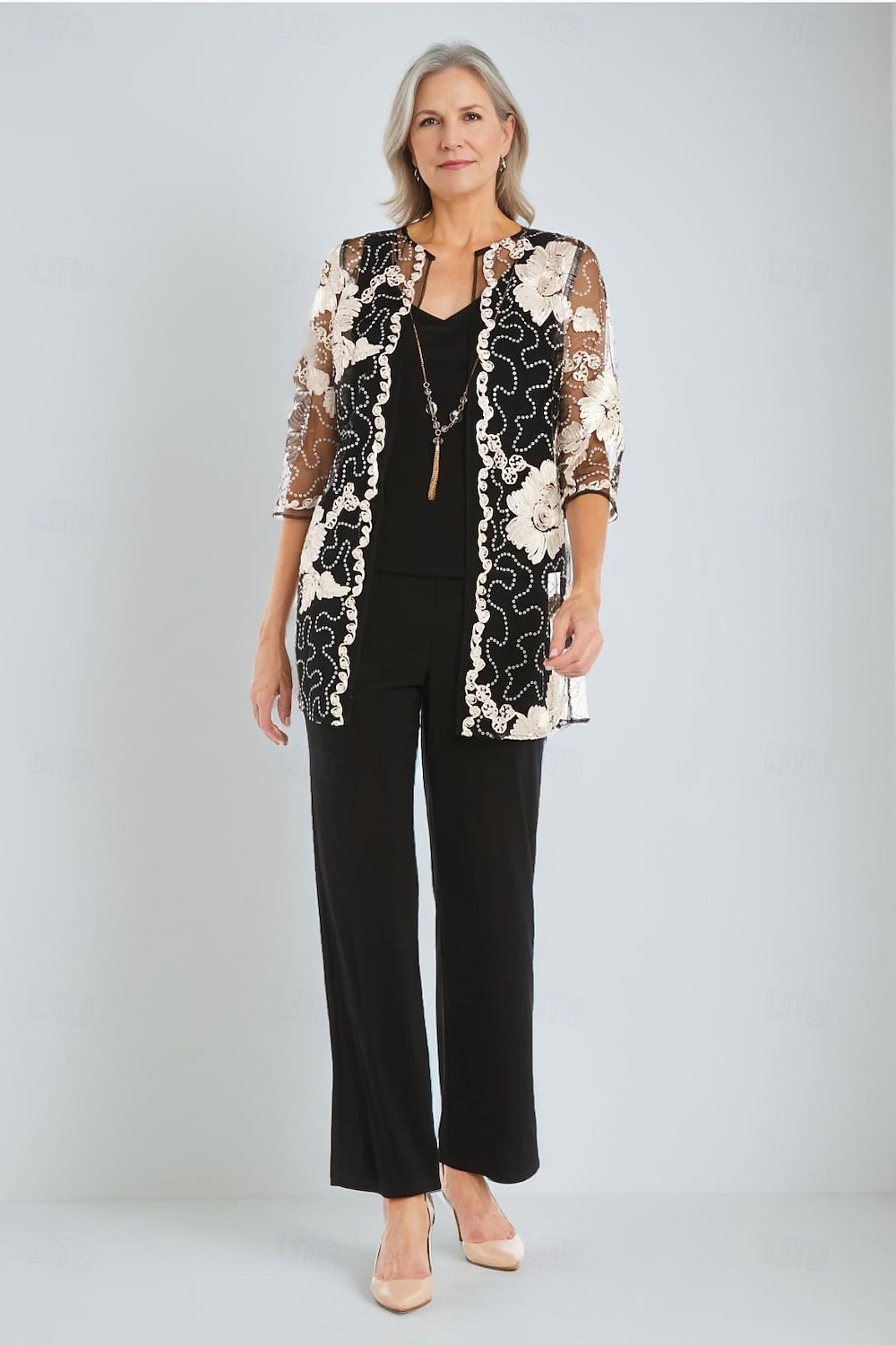 Mono  Traje de Pantalón de 3 Piezas Traje de la Madre de la Novia Traje Elegante Vintage Simple Cuello en V Largo hasta el Tobillo Chiffón Elástico con Manga Corta y Apliques Bordados con Lentejuelas 2025 - $135.99 –P1