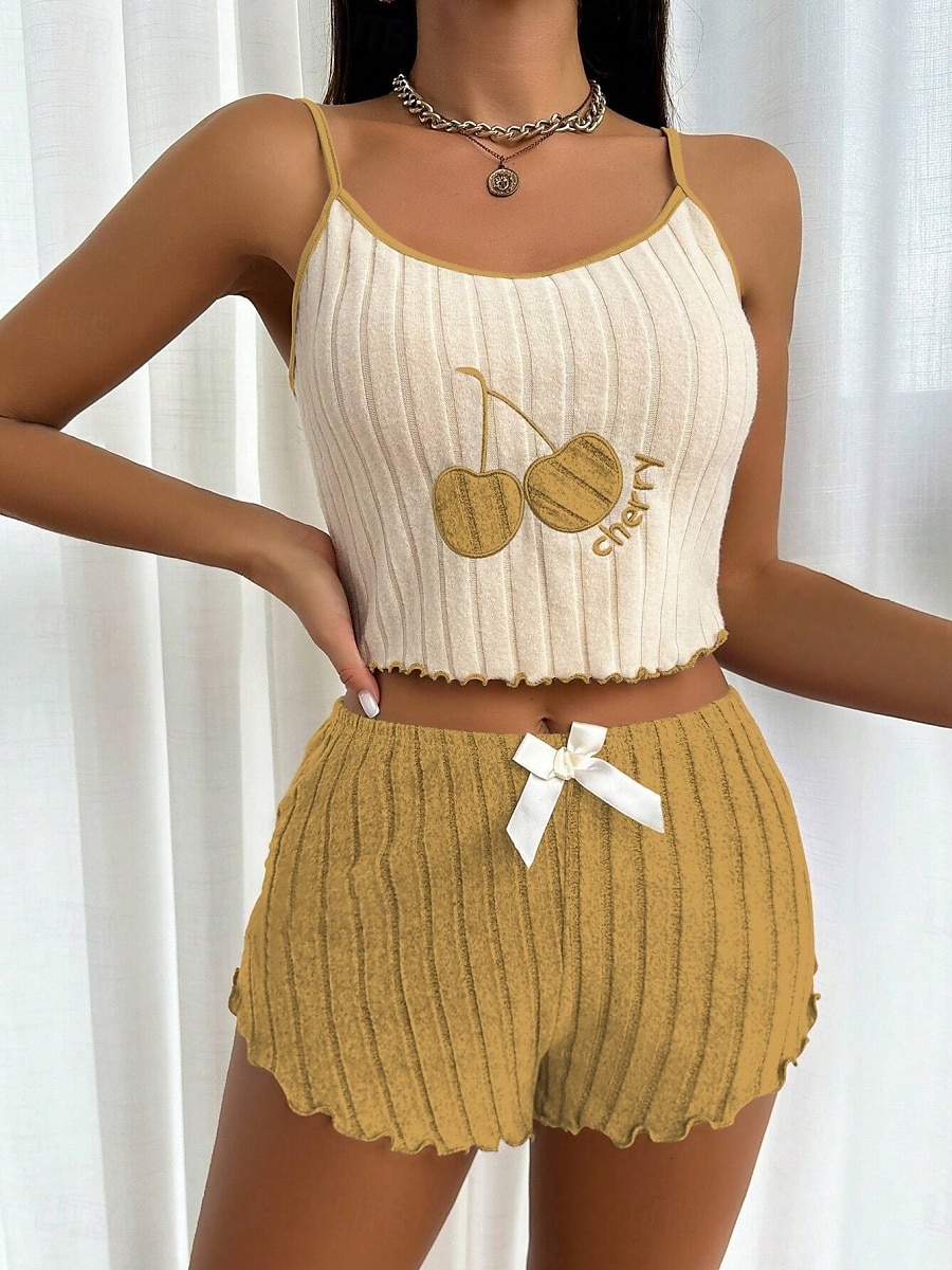 Dame Pyjamas Sett Fritid Komfort Kirsebær Elastisk midje Stropp Topp Shorts Hjem Daglig Ermeløs stropper Gul Rosa Blå Lilla Sommer Normal 2025 - $13.99 –P4