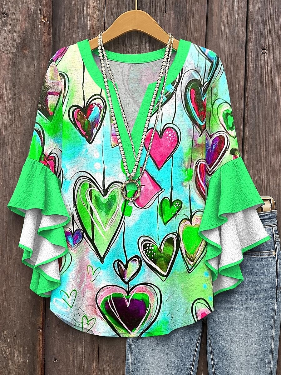 Women's Blouse Heart Graphic Bohemia Vintage Daily 3/4 Length Sleeve V Neck Regular Tops Daily Holiday Print Red Blue Purple Green Summer Spring Fall 2025 - $29.99 –P3