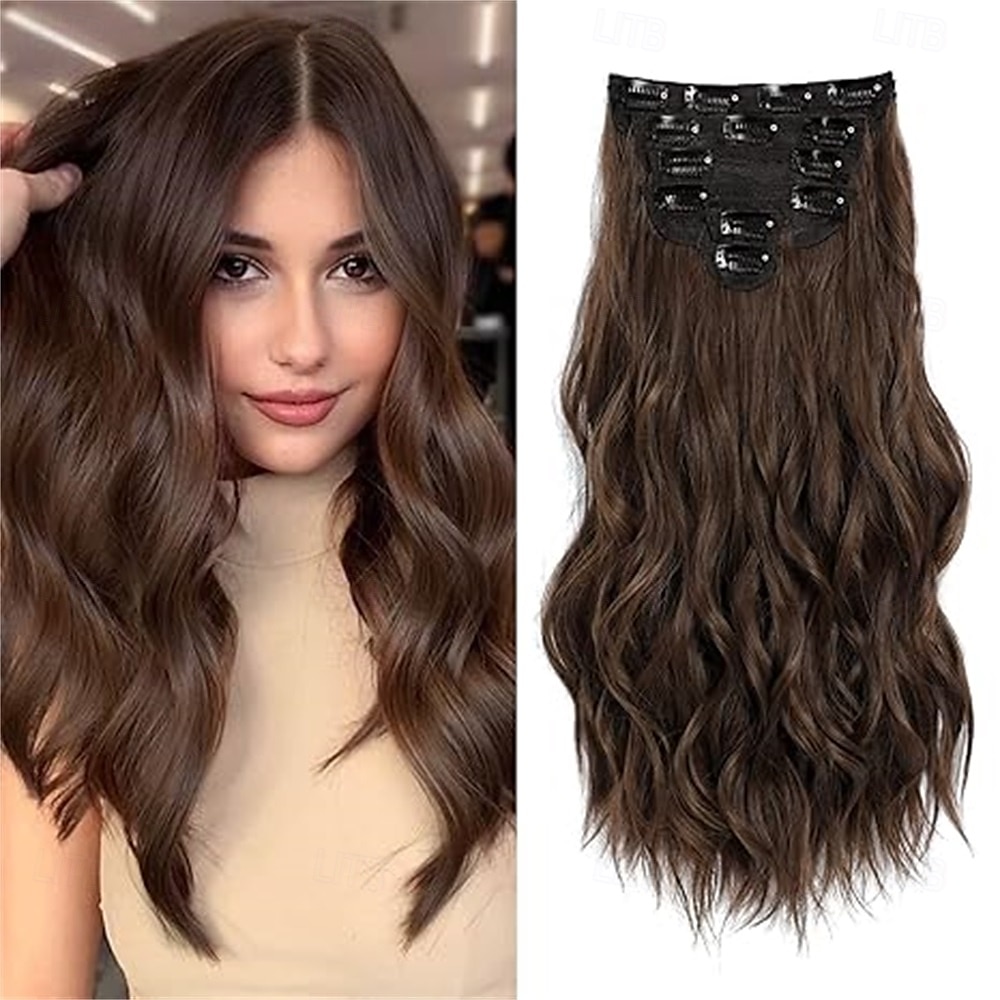 Clip-In Extensions 6 Stück Natur &weiches Haar &passt gut zu Haarverlängerungen dunkelbraun lang gewellt Haarteile 2025 - $26.99 –P3
