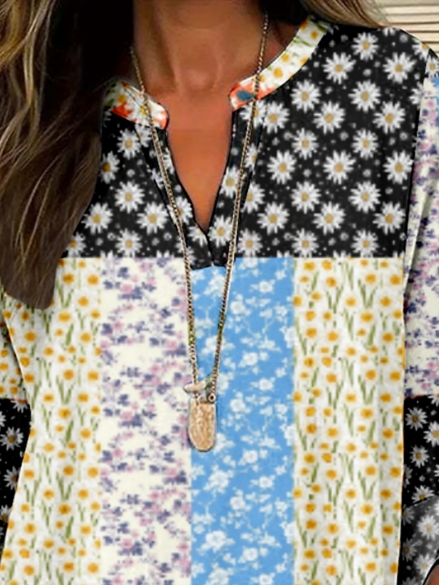 Women's Blouse Floral Stylish Modern Long Sleeve V Neck Regular Tops Daily Holiday Print Black White Summer 2025 - $22.99 –P1