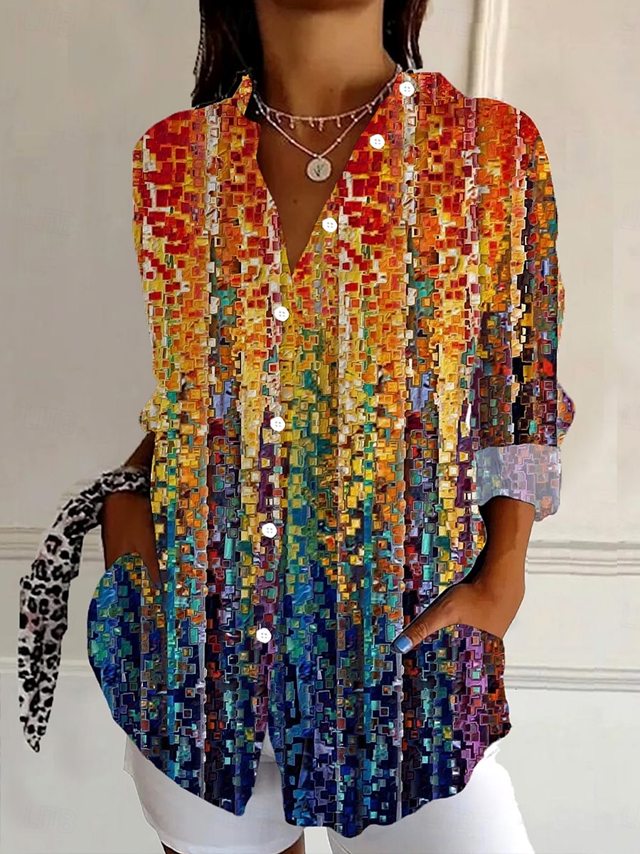 Damen Hemd Ombre Grafik Geometrisch Täglich Stilvoll Modern Langarm Hemdkragen Normale Oberteile Täglich Ferien Knöpfe Druck Rote Regenbogen Sommer Frühling Herbst 2025 - $32.99 –P1