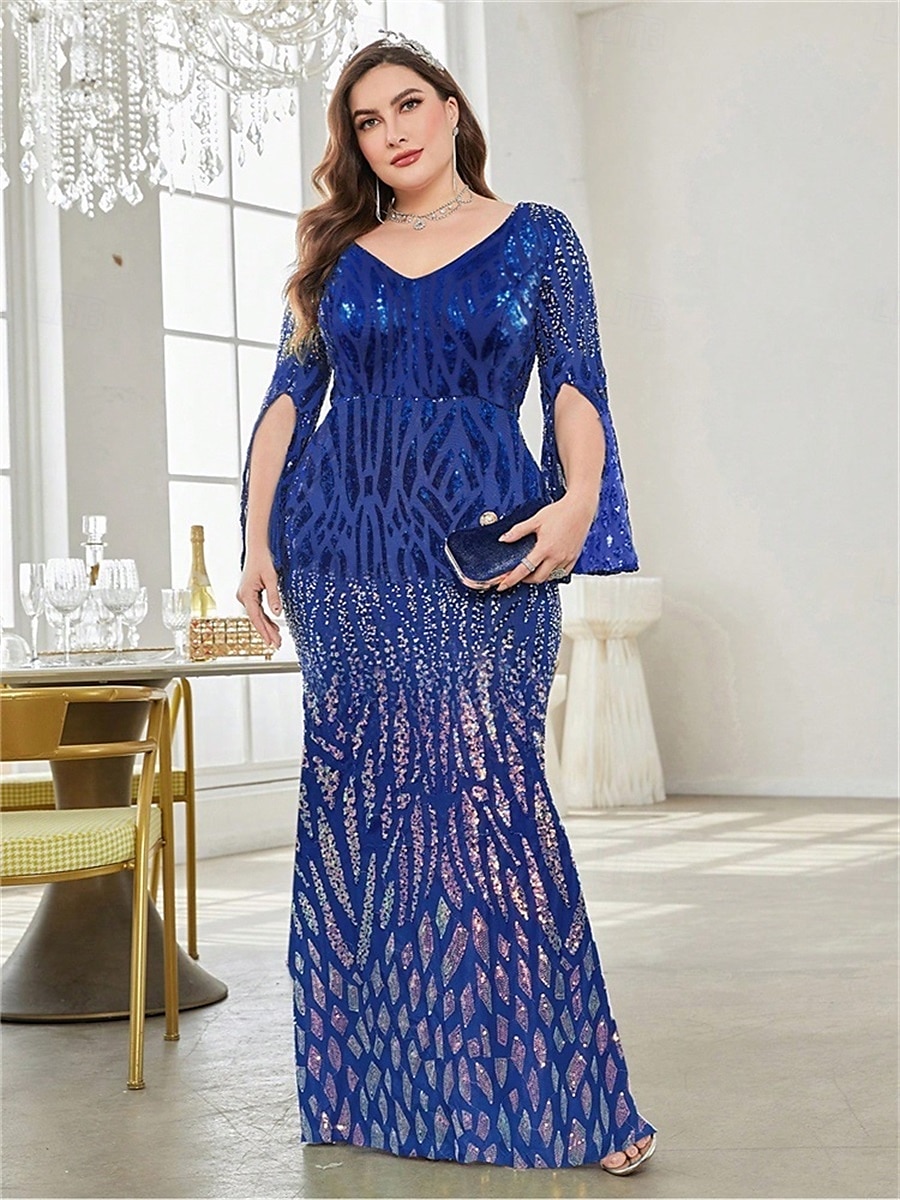 Mermaid / Trumpet Plus Size Dresses Elegant Curve Dress Formal Wedding Floor Length Long Sleeve V Neck Polyester with Sequin 2025 - $119.99 –P13