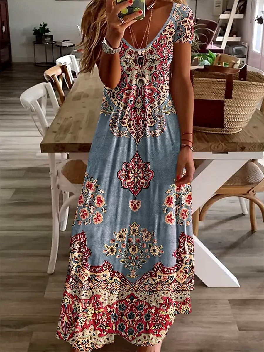 Damskie Sukienka maxi Codzienne sukienki Sukienka A line Letnie sukienki Elegancja Urlop Zabytkowe Regularny Kwiaty Graficzny W Tureckie Wzory Krótki rękaw Dekolt w kształcie litery U Jasnozielony 2025 - $30.99 –P1