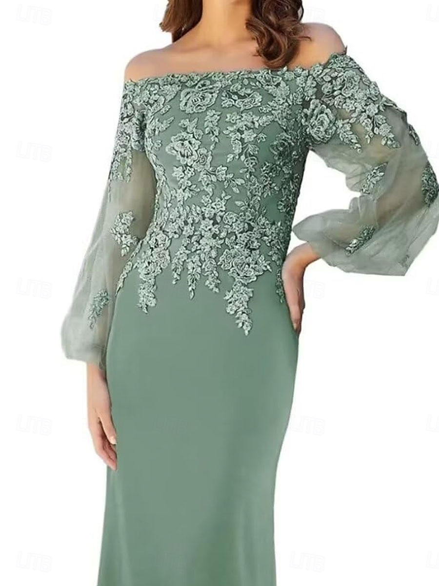 Meerjungfrau Trompeten Brautmutter Kleid Elegantes Off-Shoulder Bodenlang Spitze Lange Ärmel mit einfarbigem Material 2025 - $119.99 –P3