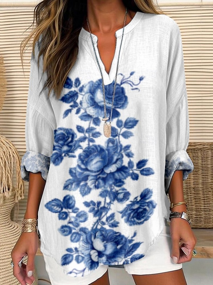Dames Blouse Bloemig Stijlvol Modern Lange mouw V-hals Normale tops Dagelijks Feestdagen Afdrukken Wijn Marine Blauw blauw Paars Khaki Zomer 2025 - $22.99 –P4