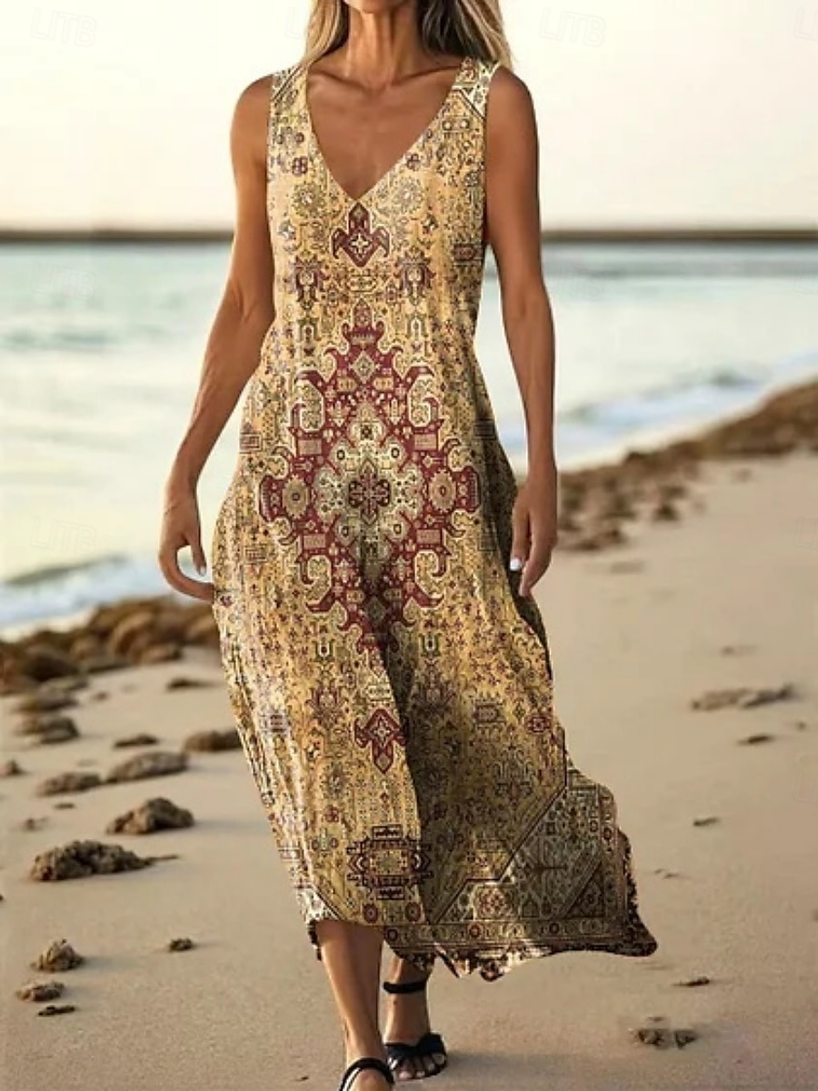 Women's Long Dress Maxi Dress Casual Dress Tank Dress Summer Dress African Daily Holiday Beach Regular Fit Floral Sleeveless V Neck Wine Burgundy Navy Blue Blue Summer 2025 - $20.99 –P2