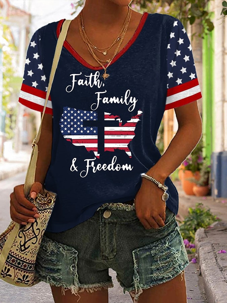 Women's Patriotic  T Shirt Graphic Flag Vintage Stylish Classic Short Sleeve V Neck Regular Tops Daily Print Black White Red Navy Blue Summer Spring 2025 - $19.99 –P4