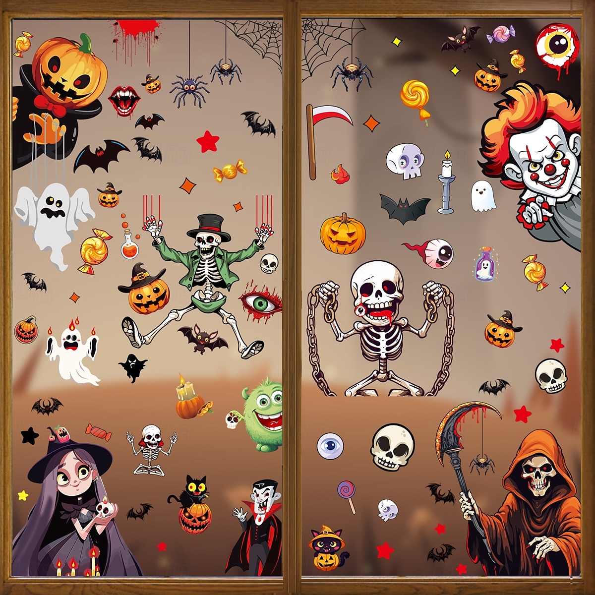 6 Sheets Halloween Window Cling Sticker Decals, Double-Sided Glass Window Decorations with Skeleton, Bat, Witch and Grim Reaper, Mall Storefront Scene Decor 2025 - $6.99 –P1