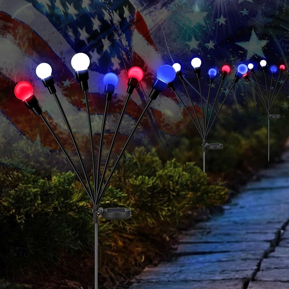 2 шт. патриотичных 12 головок солнечных светильников с огнями светлячков водонепроницаемых для Дня независимости 4 июля 250-й юбилей День памяти сад газон дорожка вечеринки патриотическая атмосфера 2026 - $26.99 –P19