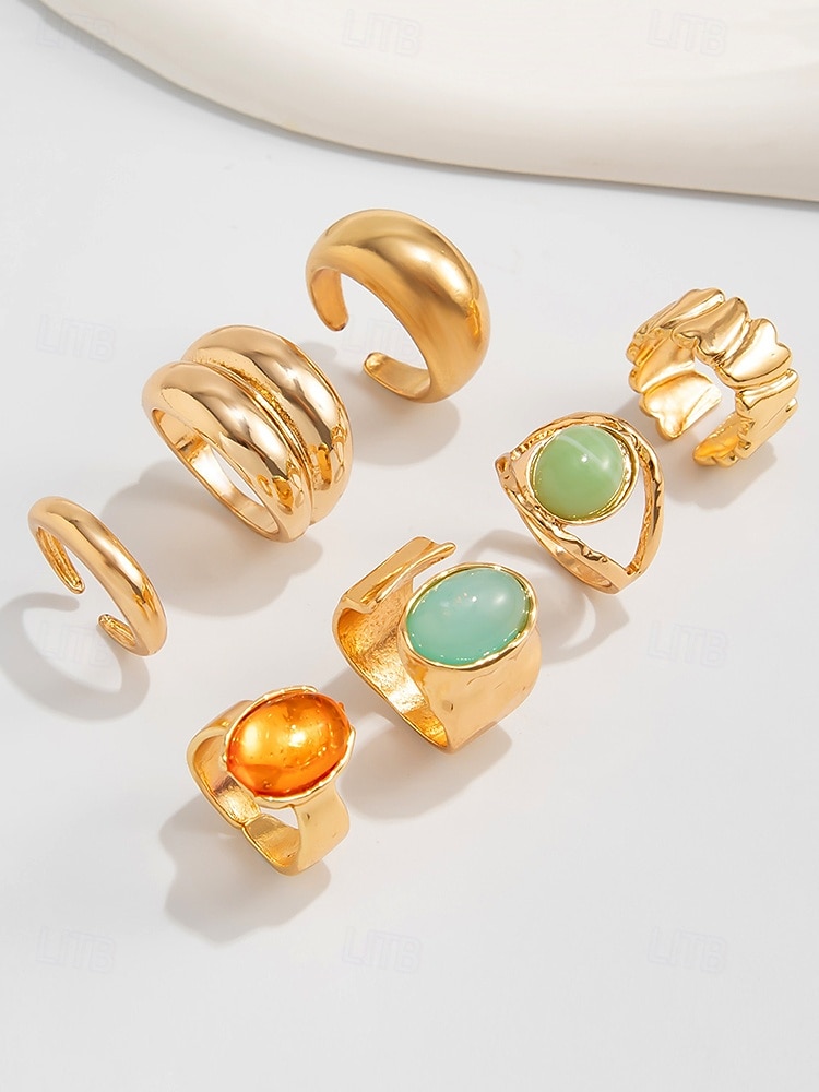 Damesett med vintage edelstener i gull – sett med flere statement-ringer med klumpete tekstur og fargerike harpiks-edelstener, egnet for kontor, vintage-mote, fest og hverdagsstil 2025 - $11.99 –P8