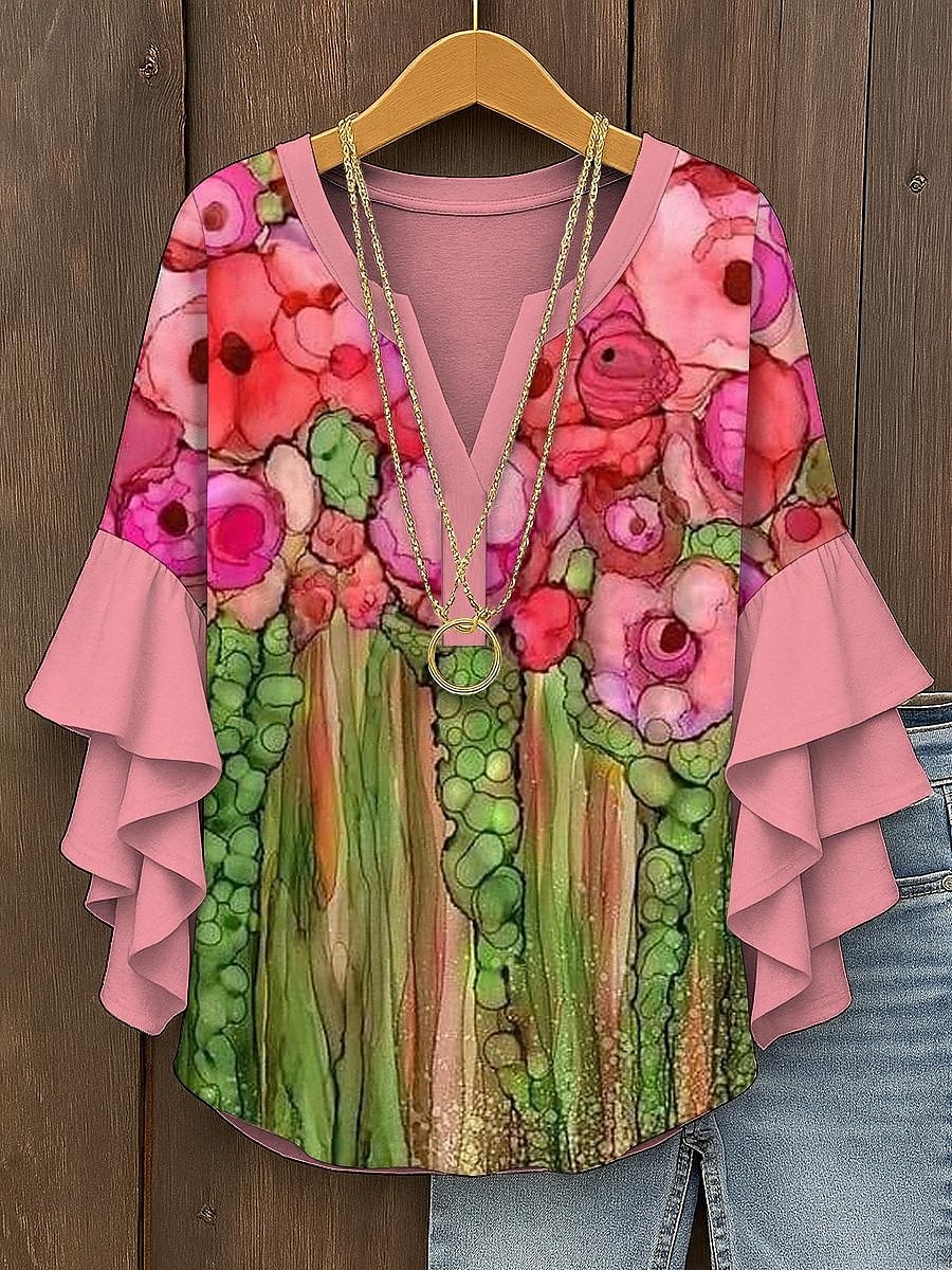 Damen Bluse Blumen Grafik Abstrakt Elegant Täglich Lässig Dreiviertelarm V Ausschnitt Normale Oberteile Täglich Ferien Druck Gelb Rosa Rote Blau Purpur Sommer Frühling Herbst 2025 - $29.99 –P1