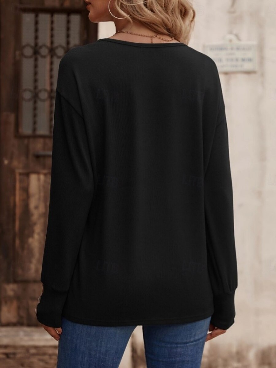 Dame Bluse Helfarge Stilfull Fritid Langermet V-hals Vanlige topper Daglig Knapper Svart Hvit Vin Militærgrønn Navyblå Sommer Vår 2025 - $18.99 –P10